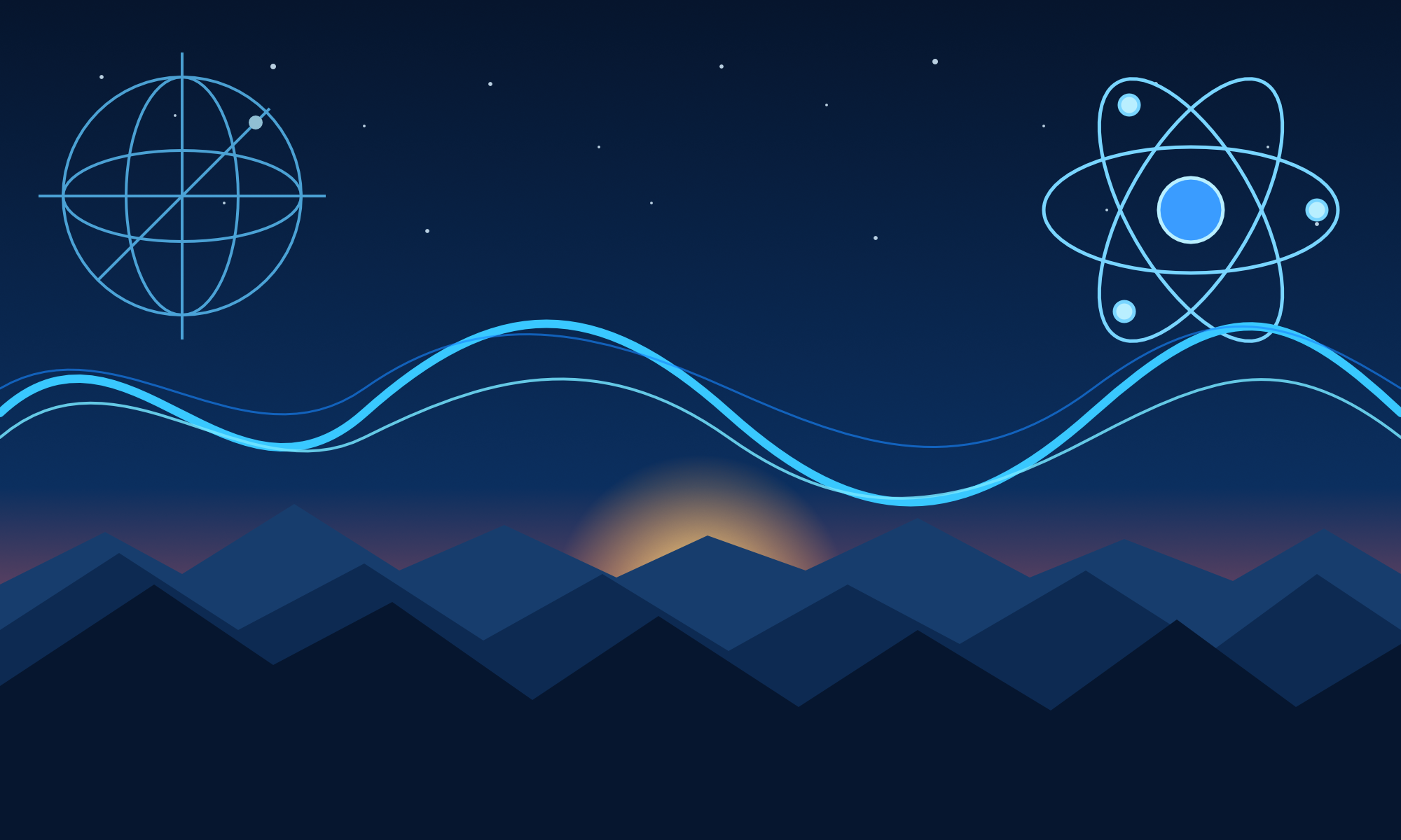 header with blue waves, an atom, a coordinate sphere, mountains, and a sunset sky.